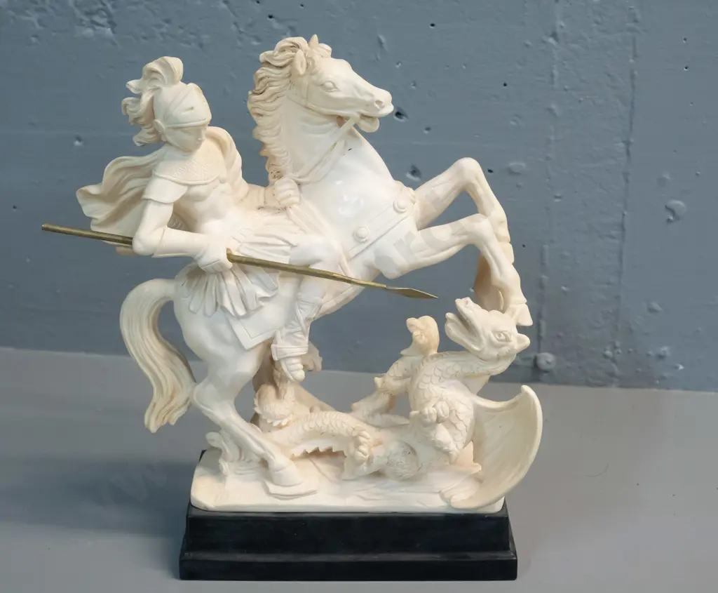 Italian classical style composite figurine with brass spear - St. George and the dragon - marked G. Ruggeri H-290 W-250 Image 1++