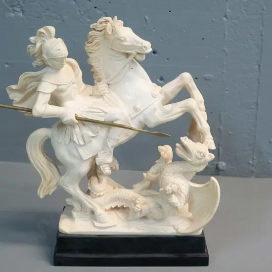Italian classical style composite figurine with brass spear - St. George and the dragon - marked G. Ruggeri H-290 W-250