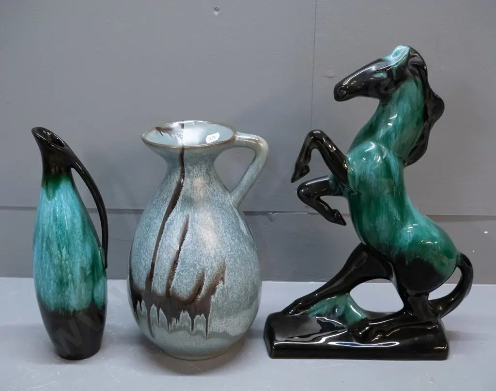 3 Blue Mountain pottery items - rearing horse figure H360 w/ small glaze fleck at top, ewer jug and handled vase Image 1++