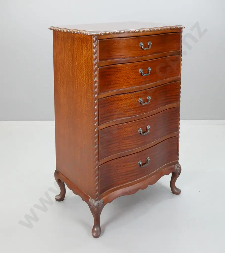 reproduction mahogany 5-drawer tallboy with rope-edged top, short cab legs & carved knees, metal drop handles - some Image 1++