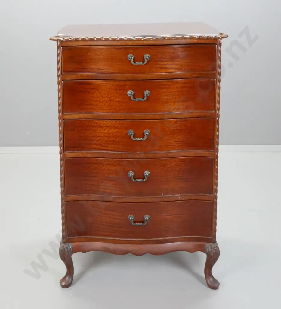 reproduction mahogany 5-drawer tallboy with rope-edged top, short cab legs & carved knees, metal drop handles - some Image 1++