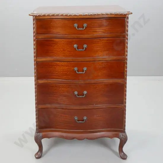 reproduction mahogany 5-drawer tallboy with rope-edged top, short cab legs & carved knees, metal drop handles - some