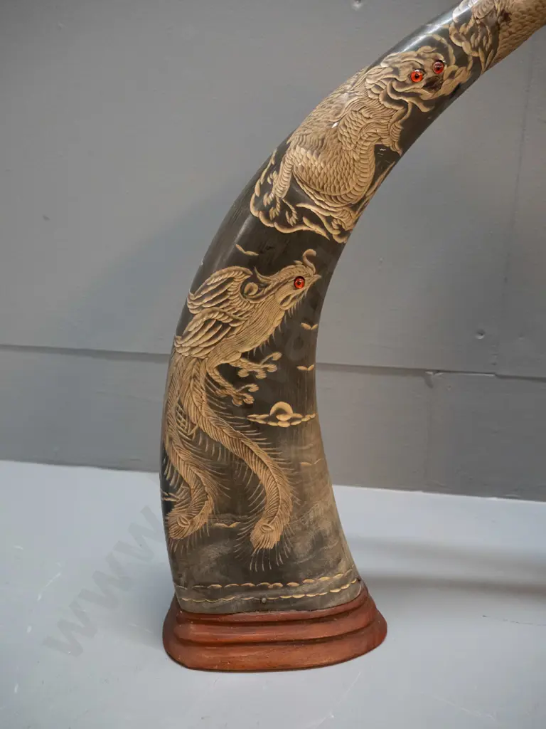 pair of carved horns on timber bases - dragon and peacock motifs with glass inset eyes, some chips to carved areas, one Image 1++