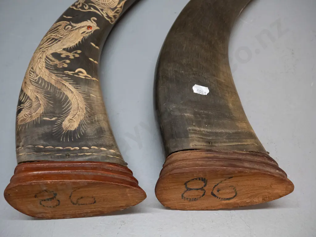 pair of carved horns on timber bases - dragon and peacock motifs with glass inset eyes, some chips to carved areas, one Image 1++