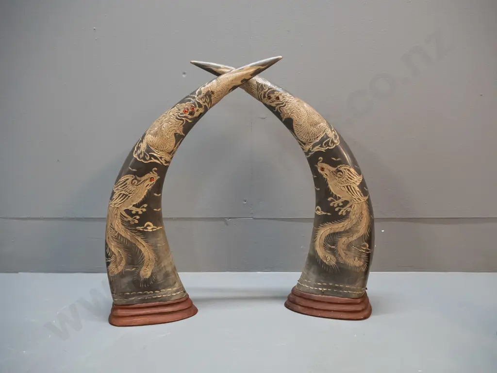pair of carved horns on timber bases - dragon and peacock motifs with glass inset eyes, some chips to carved areas, one Image 1++
