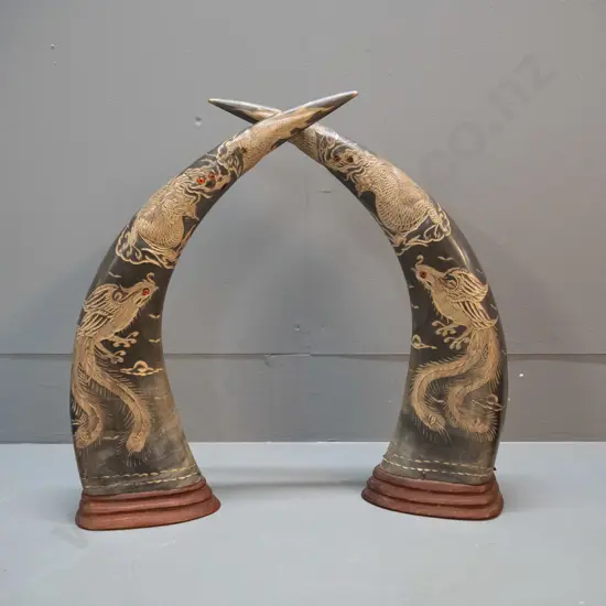 pair of carved horns on timber bases - dragon and peacock motifs with glass inset eyes, some chips to carved areas, one
