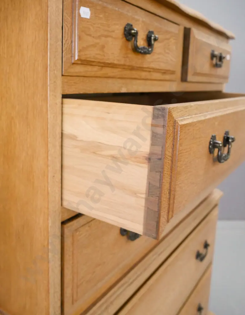 reproduction compact oak chest on chest style 6-drawer chest with metal swan neck handles on bracket base - overall Image 1++