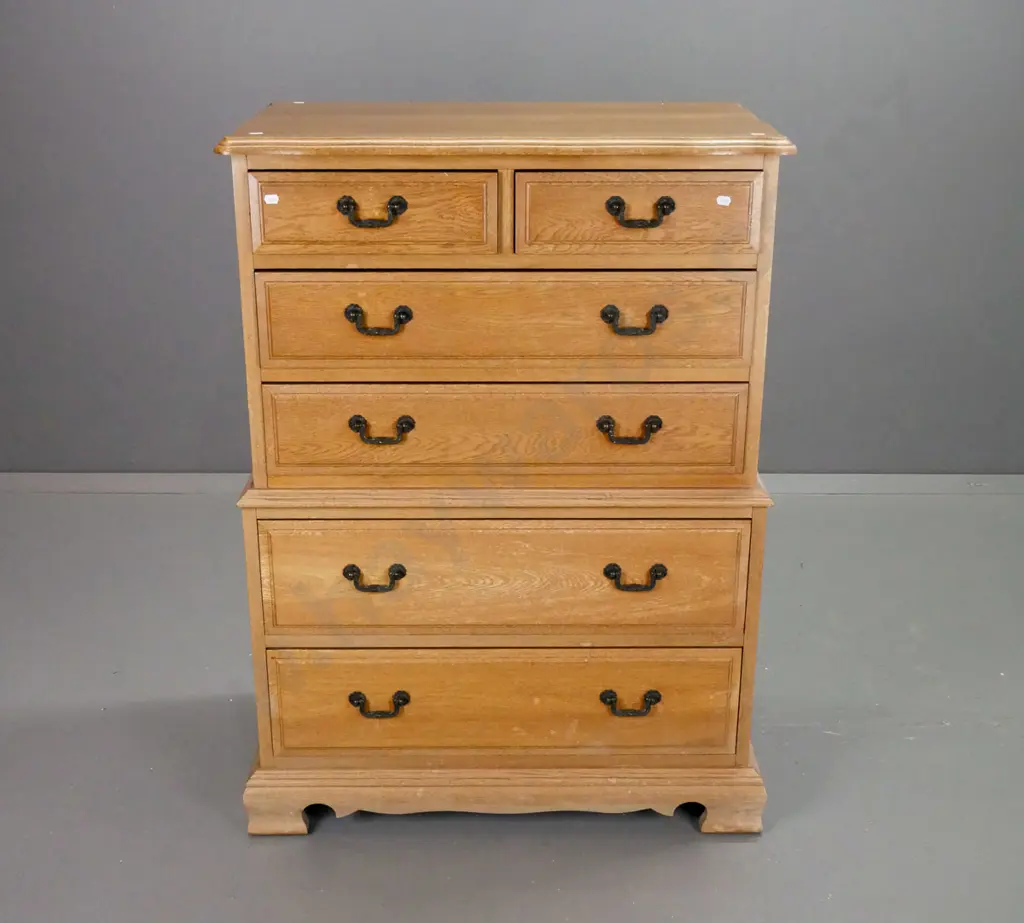 reproduction compact oak chest on chest style 6-drawer chest with metal swan neck handles on bracket base - overall Image 1++