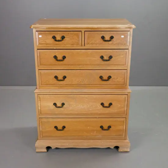 reproduction compact oak chest on chest style 6-drawer chest with metal swan neck handles on bracket base - overall