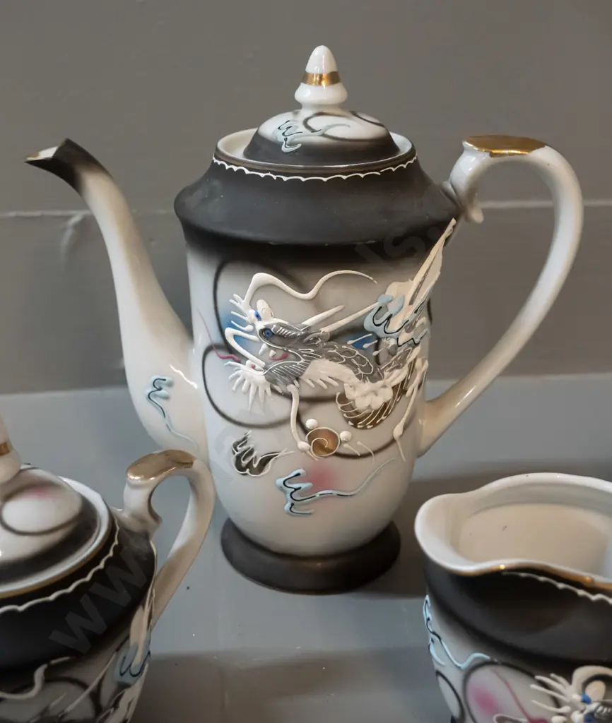 Chinese tea / coffee set with raised dragon motif decoration - 6 cups & saucers, coffee/tea pot H195, cream & sugar Image 1++