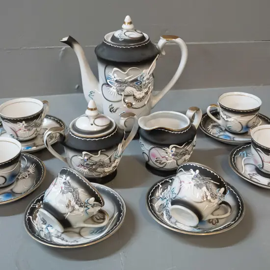 Chinese tea / coffee set with raised dragon motif decoration - 6 cups & saucers, coffee/tea pot H195, cream & sugar