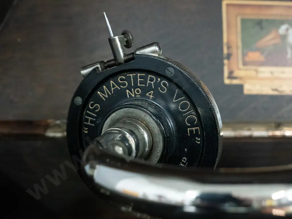 vintage HMV oak-cased wind-up gramophone with Bristol Piano Co. label, 2 tins and sample paper packets of needles, and a Image 1++