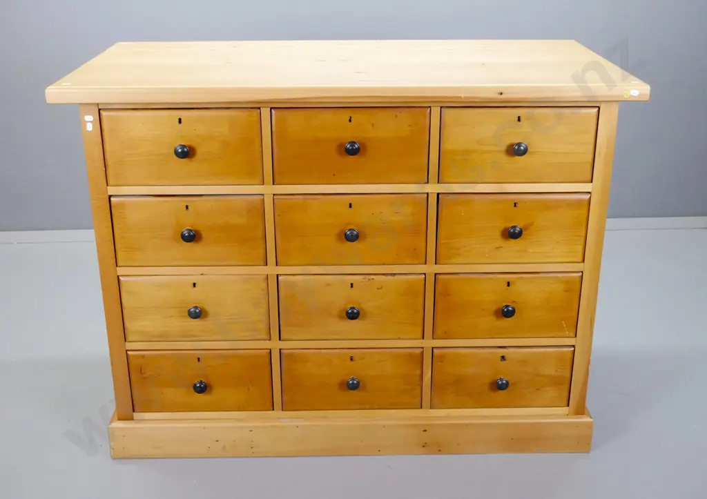 restored vintage kauri chest of 12 drawers with pine top, brass locks, no key, new round metal handles, no back, Image 1++