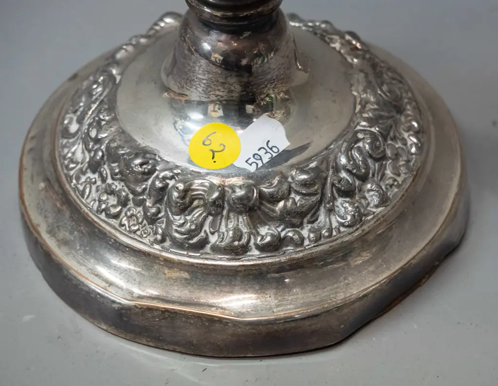 silver plated 3-holder candelabra with heavily embossed pattern - dents around base, arms & holders slightly bent H-460 Image 1++