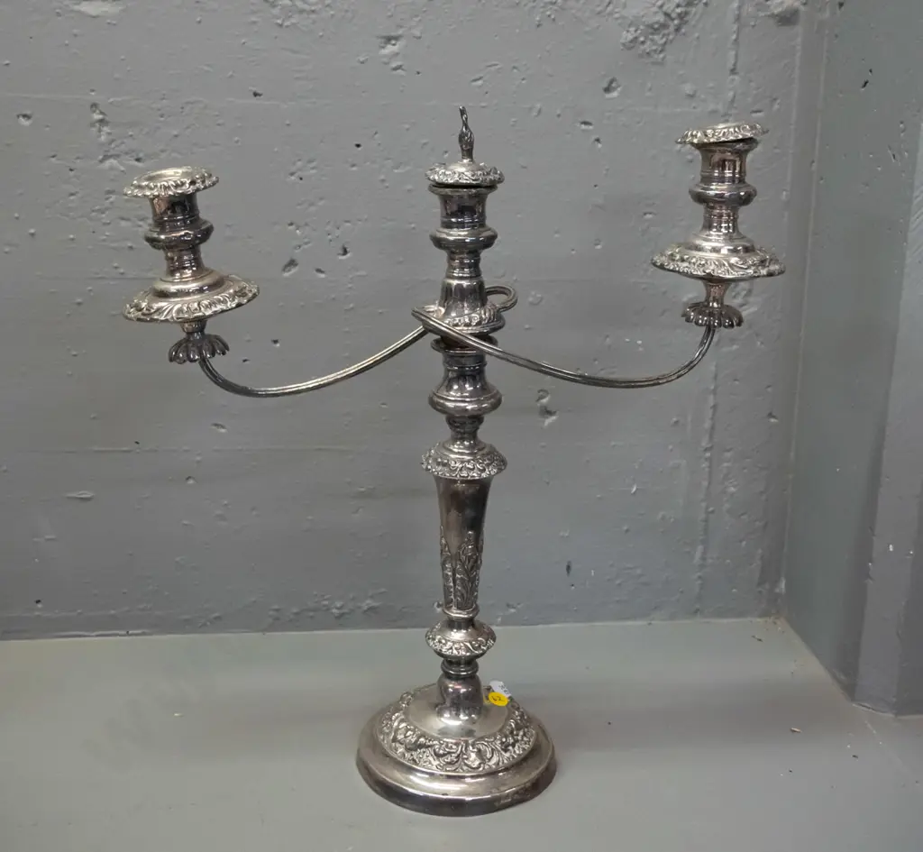 silver plated 3-holder candelabra with heavily embossed pattern - dents around base, arms & holders slightly bent H-460 Image 1++