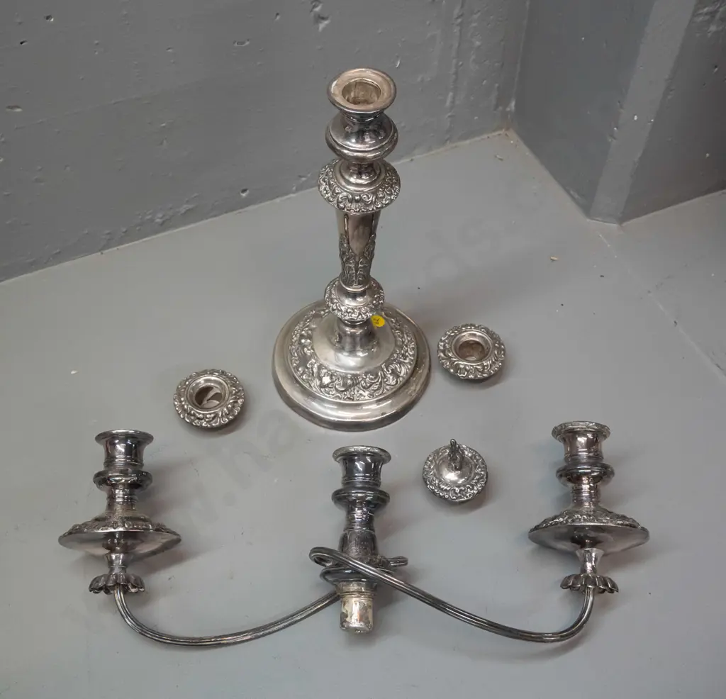 silver plated 3-holder candelabra with heavily embossed pattern - dents around base, arms & holders slightly bent H-460 Image 1++