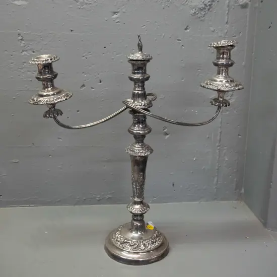 silver plated 3-holder candelabra with heavily embossed pattern - dents around base, arms & holders slightly bent H-460