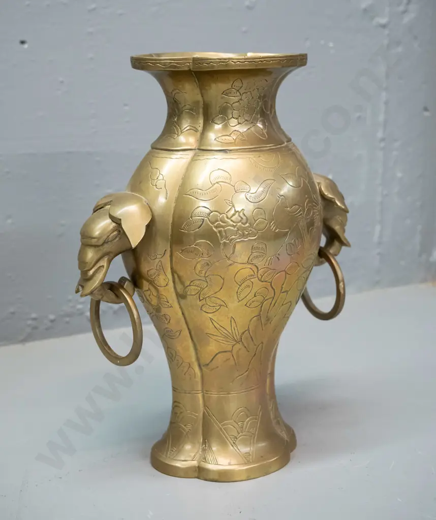 asian cast brass vase with ring & elephant head handles H-250 W-200 Image 1++