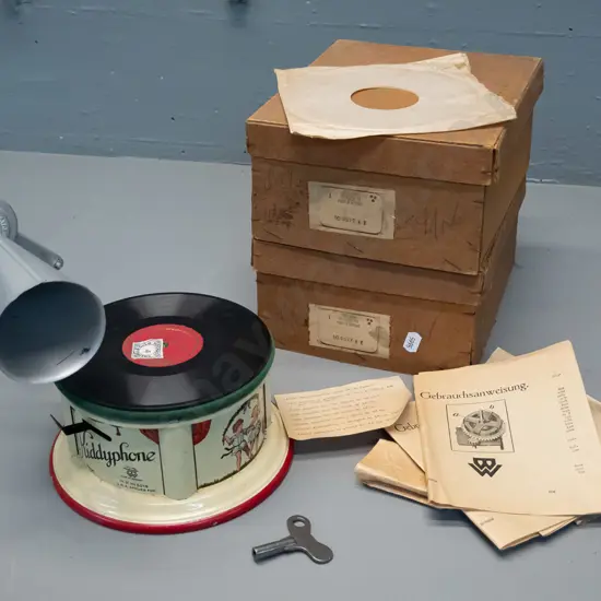 vintage Kiddyphone wind-up tin toy gramophone - Made in Germany, with winding key, record, paper packet with needles,