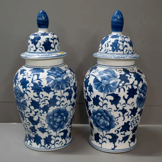 pair of Chinese hand-painted blue & white large lidded temple jars H-530 D-230