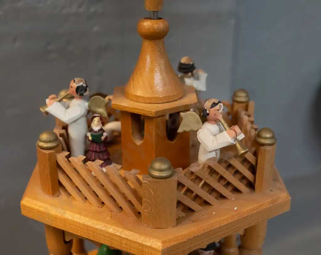 hand crafted and painted German Christmas candle "pyramid" w/ rotating column - some damage, missing candle holder and 1 Image 1++