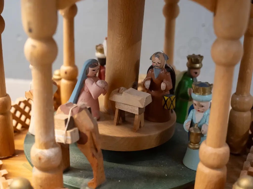 hand crafted and painted German Christmas candle "pyramid" w/ rotating column - some damage, missing candle holder and 1 Image 1++