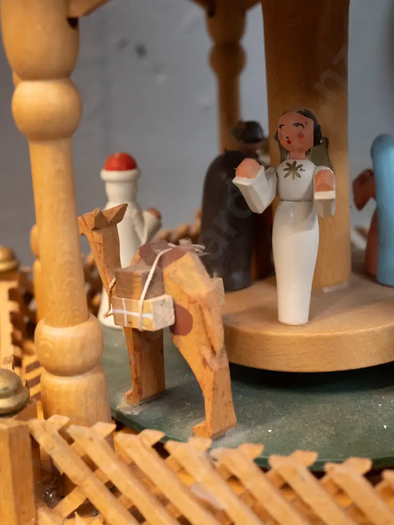 hand crafted and painted German Christmas candle "pyramid" w/ rotating column - some damage, missing candle holder and 1 Image 1++