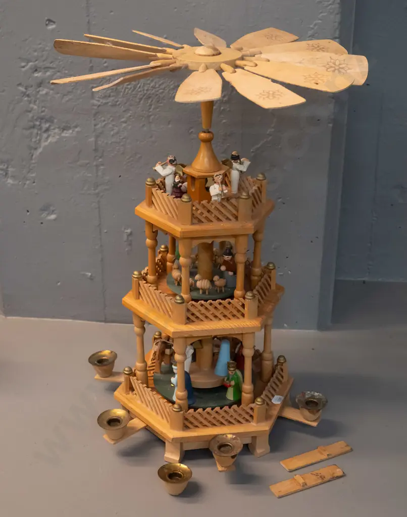 hand crafted and painted German Christmas candle "pyramid" w/ rotating column - some damage, missing candle holder and 1 Image 1++