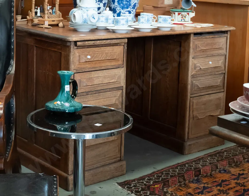 vintage oak double pedestal desk, timber handles - fading and age wear to polish, missing one slide, top has timber- Image 1++