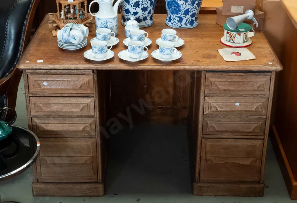 vintage oak double pedestal desk, timber handles - fading and age wear to polish, missing one slide, top has timber- Image 1++