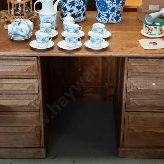 vintage oak double pedestal desk, timber handles - fading and age wear to polish, missing one slide, top has timber-