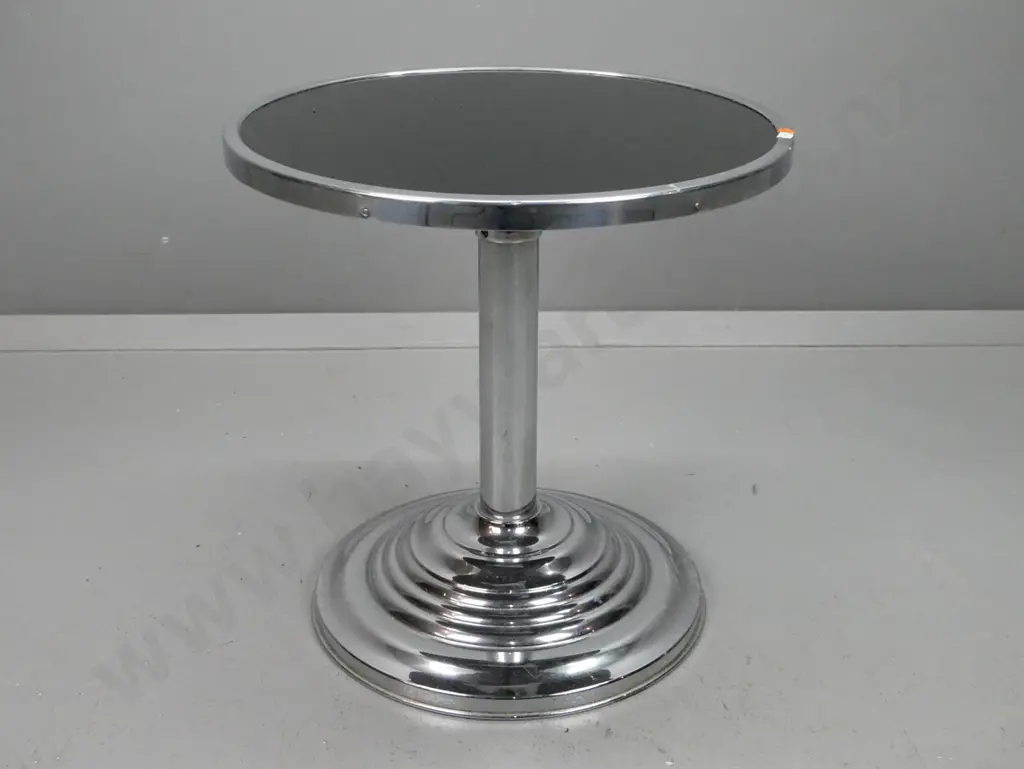 art deco circular chrome and black glass side table with stepped base - some scratches and wear H-450 D-450 Image 1++