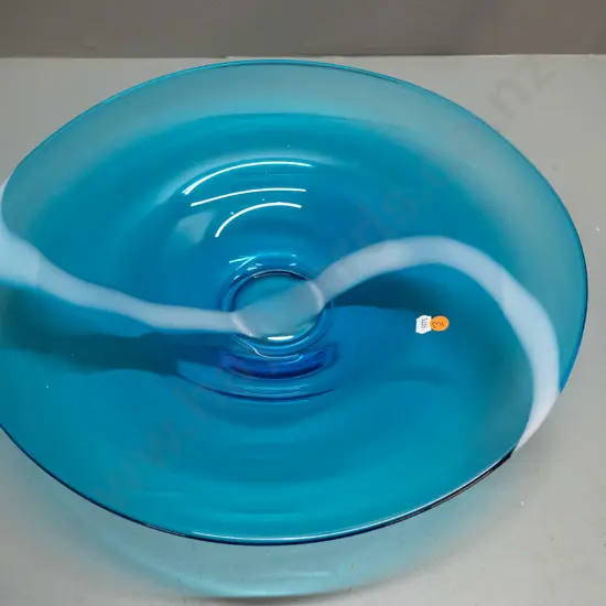 large art glass dish / shallow bowl - blue with white swirl H-95 D-460