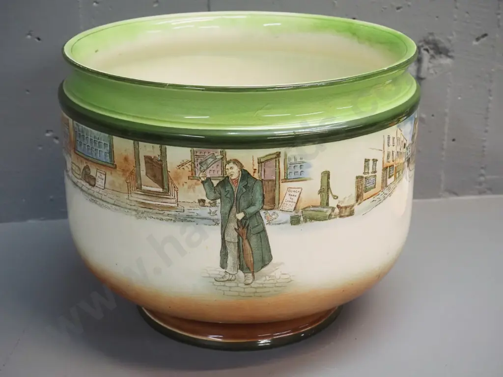 large Royal Doulton Dickens ware jardiniere - some crazing and discolouration to interior, minor paint loss around edge Image 1++
