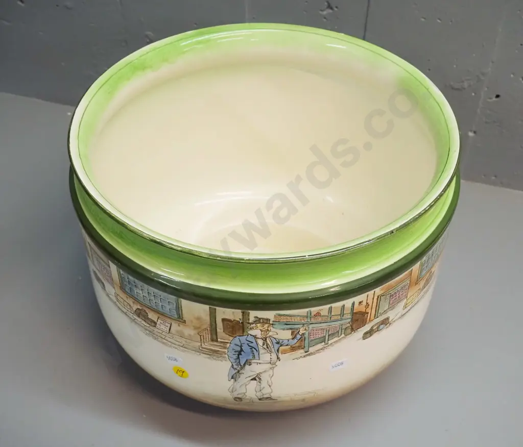 large Royal Doulton Dickens ware jardiniere - some crazing and discolouration to interior, minor paint loss around edge Image 1++
