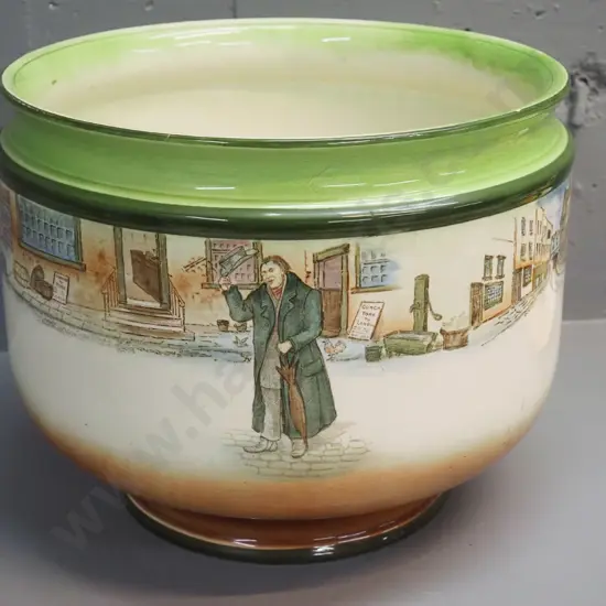 large Royal Doulton Dickens ware jardiniere - some crazing and discolouration to interior, minor paint loss around edge