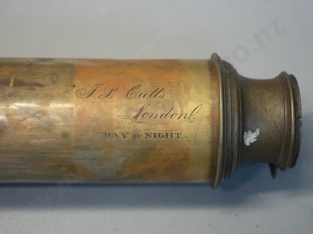 vintage mahogany and brass telescope with eyepiece shutter - engraved "JP Cutts London Day or Night" Image 1++