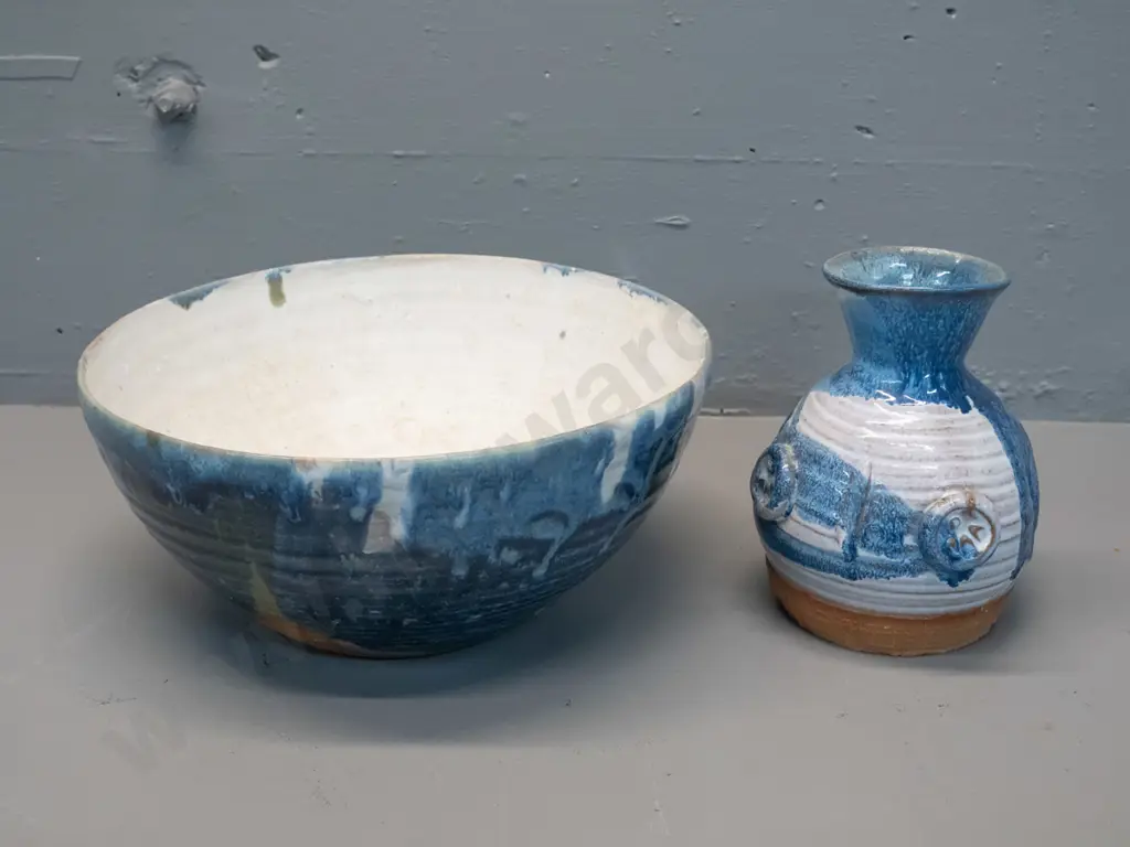2 heavy studio pottery trickle glaze items - vase and bowl, no maker's marks. Bowl H-130 D-280 Image 1++