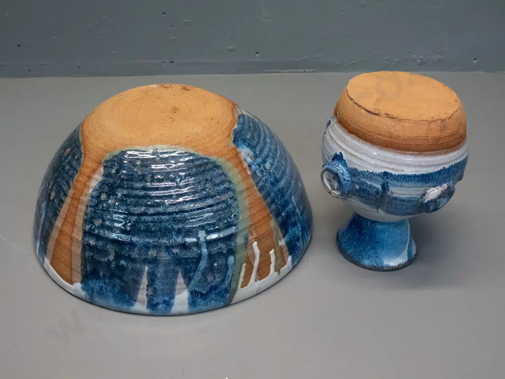 2 heavy studio pottery trickle glaze items - vase and bowl, no maker's marks. Bowl H-130 D-280 Image 1++