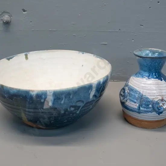 2 heavy studio pottery trickle glaze items - vase and bowl, no maker's marks. Bowl H-130 D-280