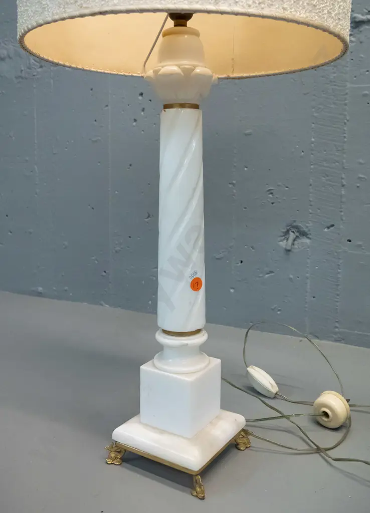 retro Italian style marble / white stone table lamp with gilt dolphin shaped feet - a few chips on corners and bottom Image 1++