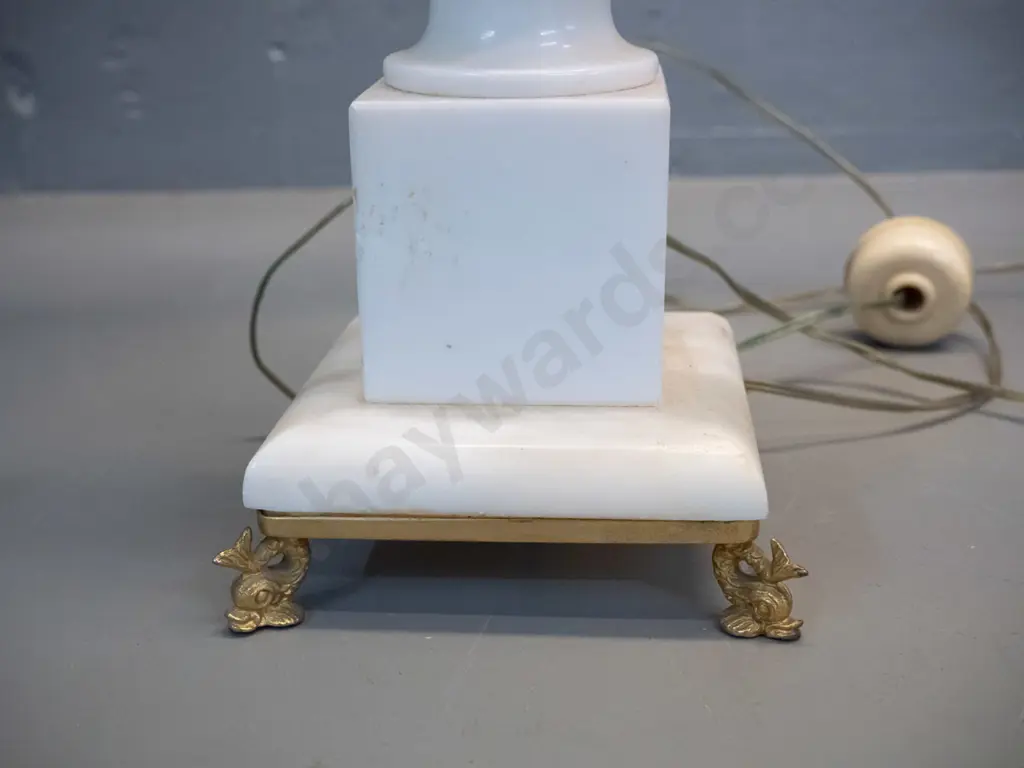 retro Italian style marble / white stone table lamp with gilt dolphin shaped feet - a few chips on corners and bottom Image 1++