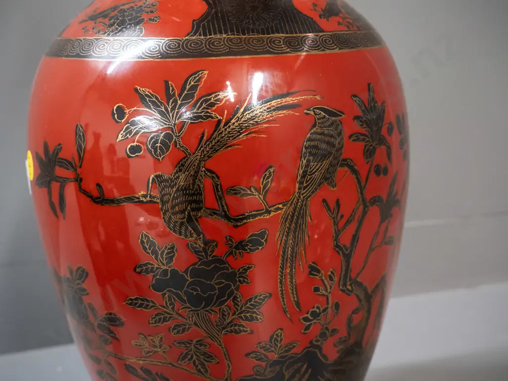 large Chinese hand-painted vase on carved timber stand - see photo for mark H-450 including stand, D-200 Image 1++