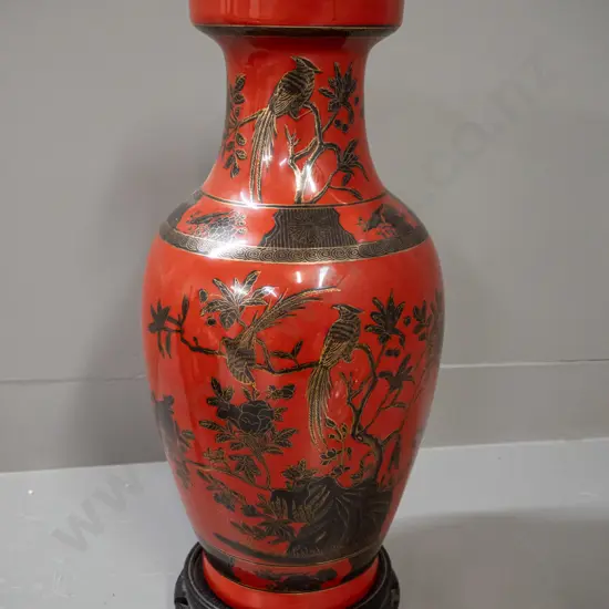 large Chinese hand-painted vase on carved timber stand - see photo for mark H-450 including stand, D-200
