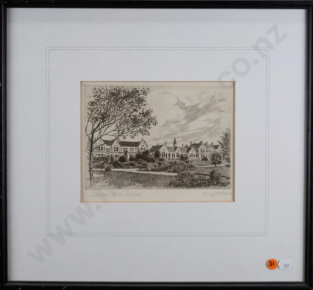 M Matthews - framed etching "Waitaki High School" H-130 W-190 Image 1++