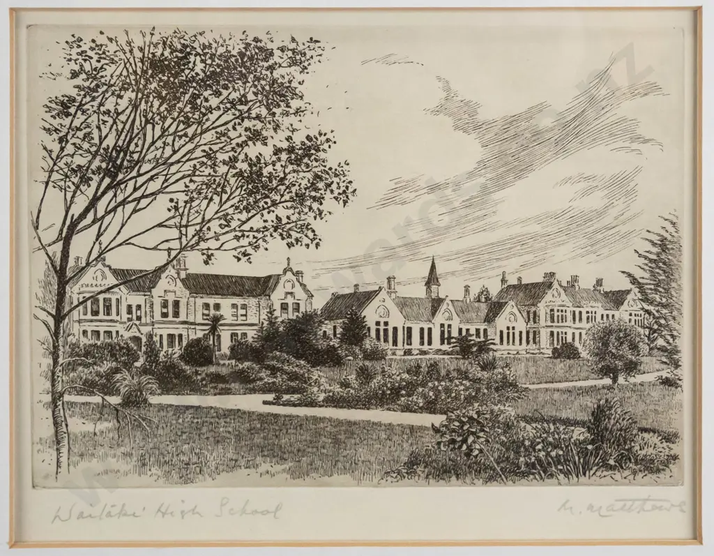 M Matthews - framed etching "Waitaki High School" H-130 W-190 Image 1++