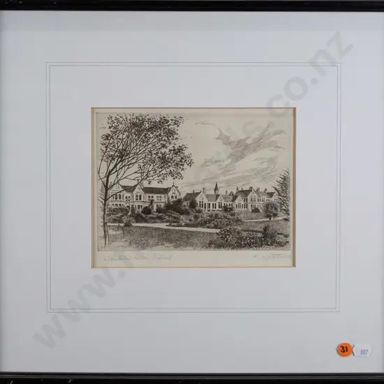 M Matthews - framed etching "Waitaki High School" H-130 W-190