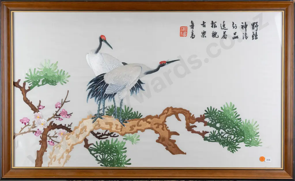 framed Asian needlework on silk - cranes H-400 W-700 Image 1++
