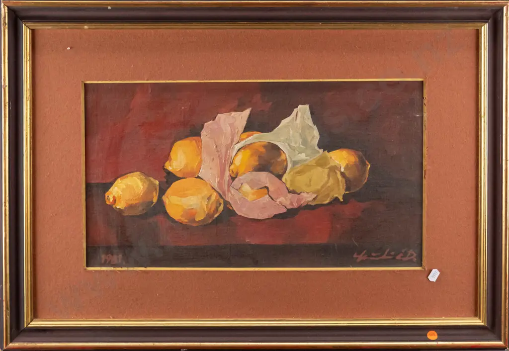 illegible signature - framed oil  - still life lemons H-250 W-460 Image 1++