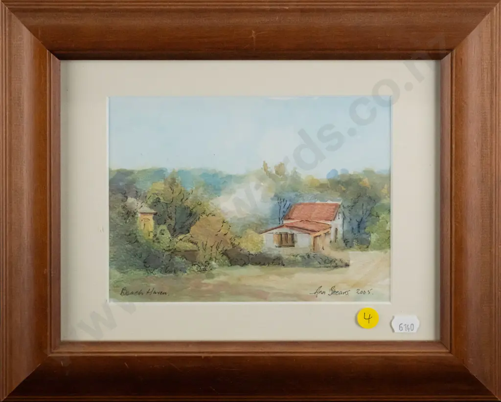 Ann Shears 2005 - framed ink and watercolour "Beach Haven" H-135 W-180 Image 1++